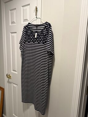 Talbots Navy and White Striped Midi Dress with Lace Yoke